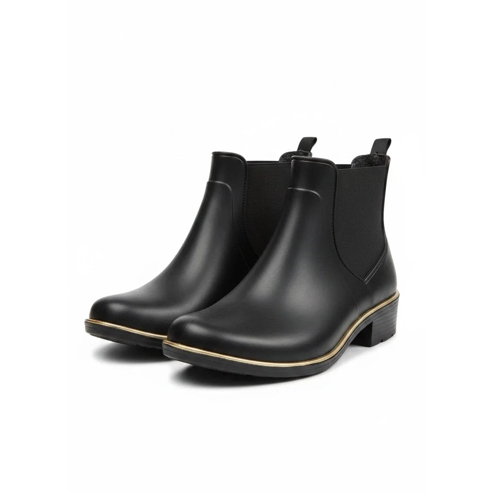 Kate Spade Rain Boots 10 Black Gold Trim Bow Chelsea Ankle Boot Preppy‎ Chic